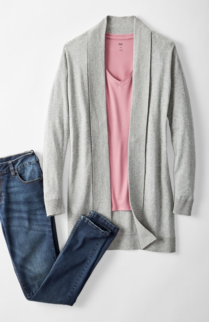 cardigan, v-neck tee, mid-rise jeans cardigan, v-neck tee, mid-rise jeans