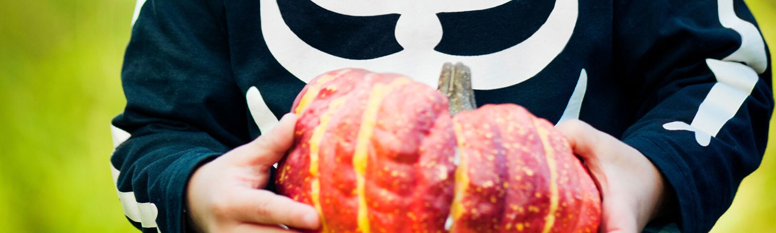 A young child in a skeleton costume holding a pumpkin A young child in a skeleton costume holding a pumpkin