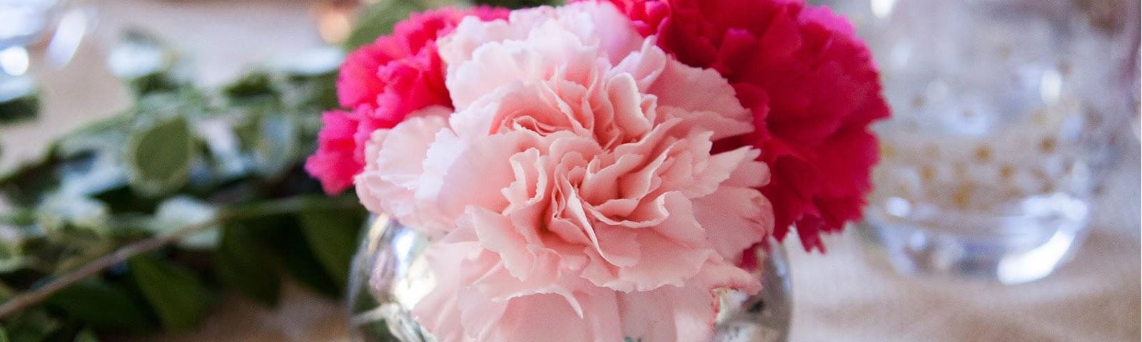 Pink and red carnations sitting in a large bulbous vase atop a table 