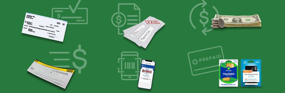 Consolidated representation of all the money services available at Foods Co. including check cashing, bill pay, money transfers, money orders, account funding, and prepaid cards.