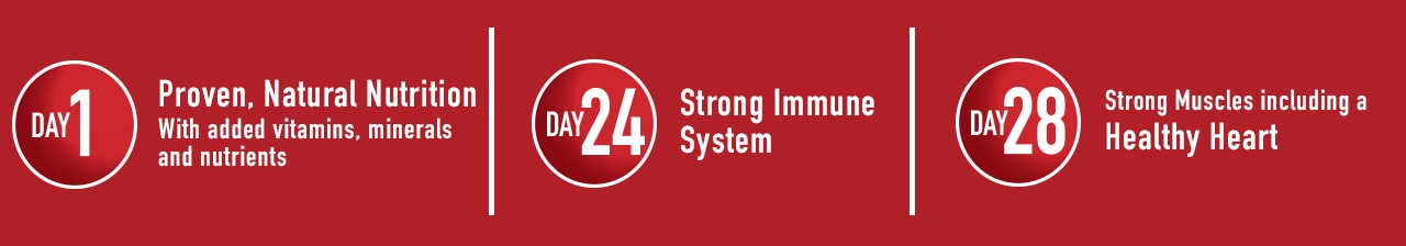 Day one proven natural nutrition. Day 24 strong immune system. Day 28 strong muscles including a healthy heart